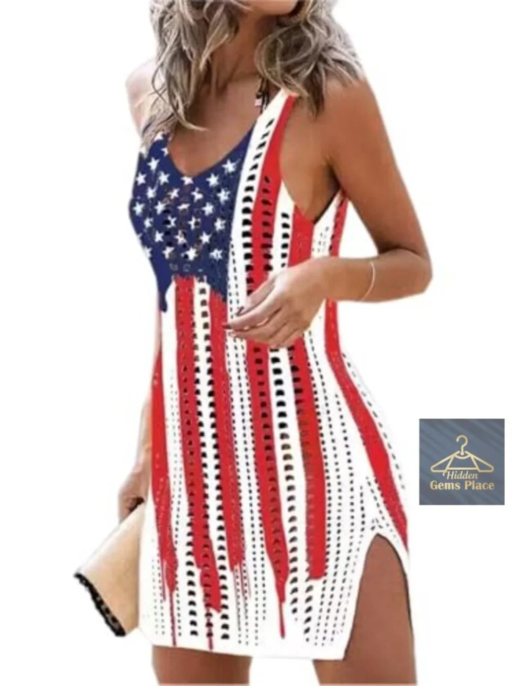 Women's Crochet Swimsuit Coverup Slit Beach Dress Hollow Out Sleeveless